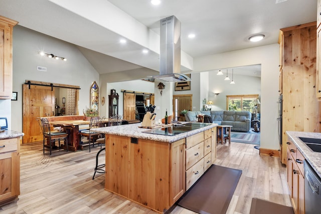 26474 Kings River Rd, Shell Knob, MO 65747 - kitchen with a barn door, black electric stovetop, island range hood, stainless steel dishwasher, and high vaulted ceiling