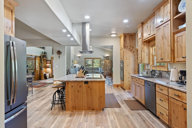 26474 Kings River Rd, Shell Knob, MO 65747 - kitchen with appliances with stainless steel finishes, island range hood, open floor plan, light wood-type flooring, and recessed lighting