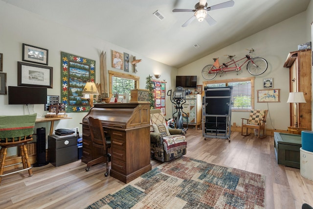 26474 Kings River Rd, Shell Knob, MO 65747 - office with wood finished floors, ceiling fan, and vaulted ceiling
