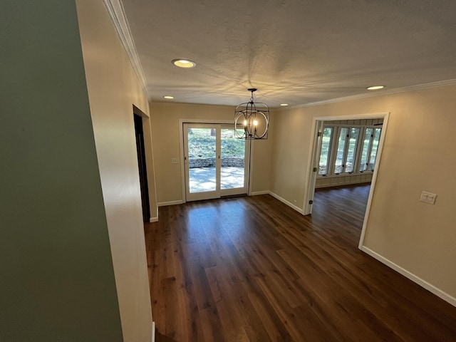 805 E 13th St, Cassville, MO 65625 - unfurnished dining area with a chandelier, crown molding, dark wood-style floors, and recessed lighting