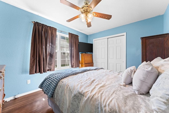 295 Deer Run Rd, Branson, MO 65616 - bedroom featuring wood finished floors, a closet, a textured wall, and a ceiling fan