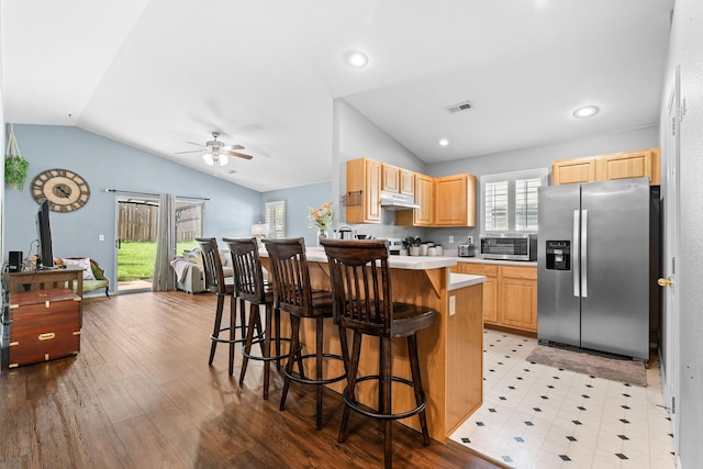 295 Deer Run Rd, Branson, MO 65616 - kitchen with stainless steel appliances, lofted ceiling, under cabinet range hood, a ceiling fan, and a breakfast bar area