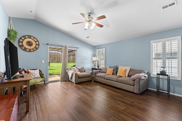 295 Deer Run Rd, Branson, MO 65616 - living area with vaulted ceiling, wood finished floors, and ceiling fan
