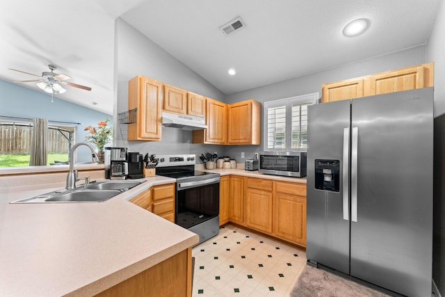 295 Deer Run Rd, Branson, MO 65616 - kitchen featuring appliances with stainless steel finishes, under cabinet range hood, lofted ceiling, light countertops, and a ceiling fan