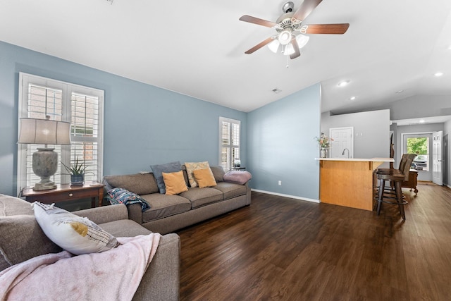 295 Deer Run Rd, Branson, MO 65616 - living room with vaulted ceiling, dark wood-style floors, ceiling fan, and recessed lighting