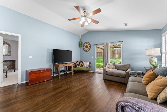 295 Deer Run Rd, Branson, MO 65616 - living room featuring ceiling fan, lofted ceiling, and wood finished floors