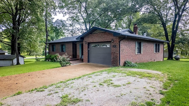 619 9th St, Thayer, MO 65791 - single story home featuring brick siding, a garage, a chimney, concrete driveway, and a front lawn