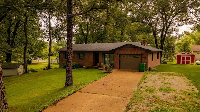 619 9th St, Thayer, MO 65791 - ranch-style home featuring a shed, a garage, concrete driveway, a front lawn, and brick siding