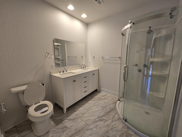 24136 Lazy Daze Ln, Wheatland, MO 65779 - bathroom with marble finish flooring, a shower stall, double vanity, and recessed lighting