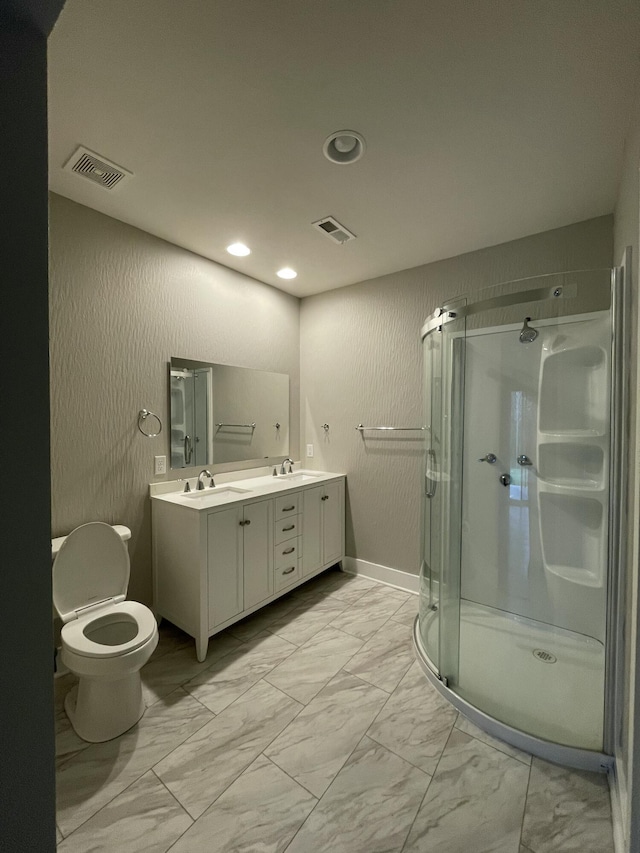 24136 Lazy Daze Ln, Wheatland, MO 65779 - bathroom with marble finish floors, a stall shower, double vanity, and recessed lighting