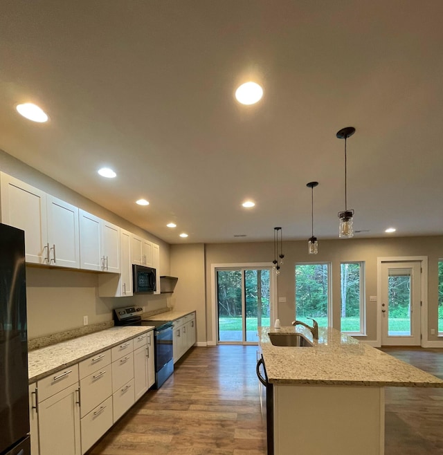 24136 Lazy Daze Ln, Wheatland, MO 65779 - kitchen with black appliances, recessed lighting, wood finished floors, white cabinetry, and pendant lighting