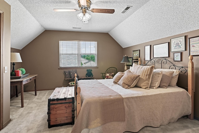 1617 Alexandra Dr, Carthage, MO 64836 - bedroom featuring a textured ceiling, light carpet, lofted ceiling, and a ceiling fan
