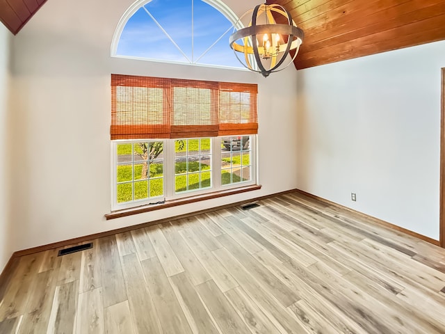 1617 Alexandra Dr, Carthage, MO 64836 - spare room featuring vaulted ceiling, a chandelier, wood finished floors, and wooden ceiling
