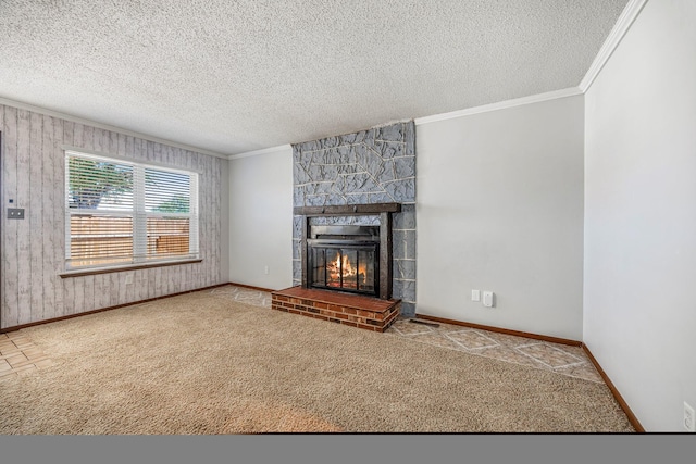 1016 S Lexington Ave, Springfield, MO 65802 - unfurnished living room with crown molding, a fireplace, a textured ceiling, and carpet