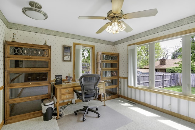 3416 S Barnes Ave, Springfield, MO 65804 - carpeted office space featuring wallpapered walls, plenty of natural light, and ceiling fan