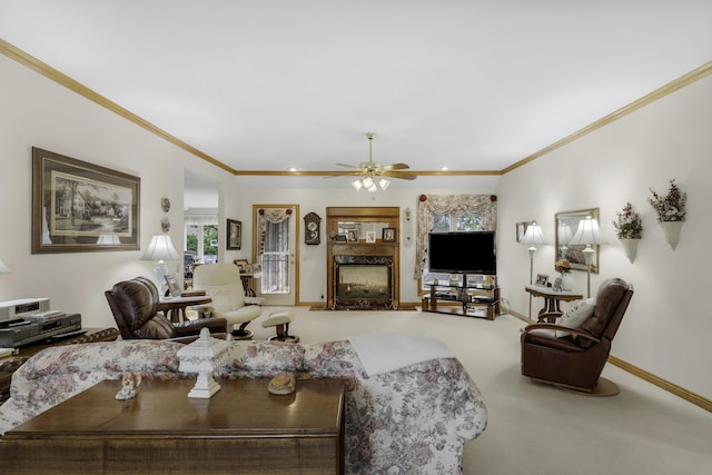 3416 S Barnes Ave, Springfield, MO 65804 - living area with a ceiling fan, carpet floors, ornamental molding, and a fireplace