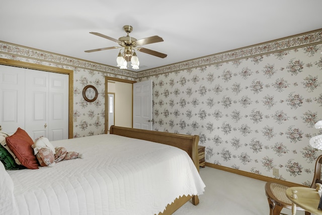 3416 S Barnes Ave, Springfield, MO 65804 - carpeted bedroom featuring a closet, a ceiling fan, and wallpapered walls