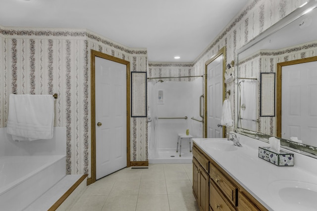 3416 S Barnes Ave, Springfield, MO 65804 - bathroom featuring a shower stall, tile patterned flooring, double vanity, and wallpapered walls