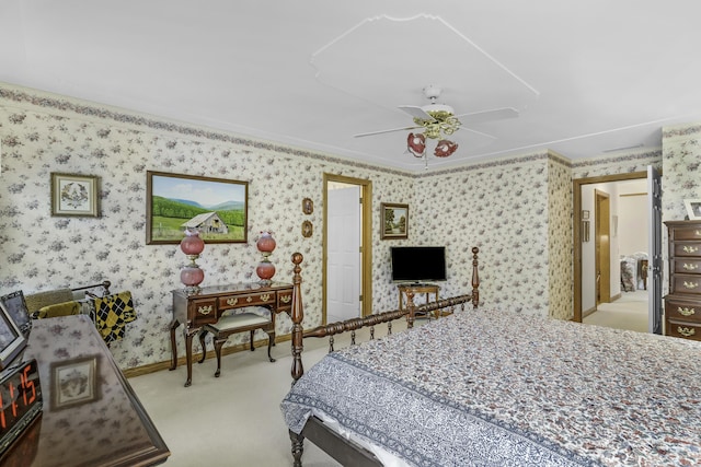 3416 S Barnes Ave, Springfield, MO 65804 - bedroom with carpet flooring, wallpapered walls, and ceiling fan