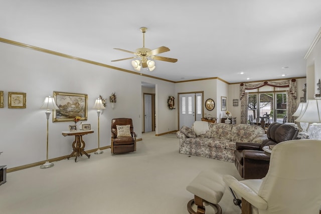 3416 S Barnes Ave, Springfield, MO 65804 - carpeted living area with ornamental molding, a ceiling fan, and recessed lighting