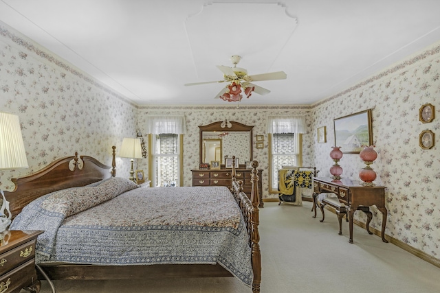3416 S Barnes Ave, Springfield, MO 65804 - carpeted bedroom with wallpapered walls, multiple windows, crown molding, and ceiling fan
