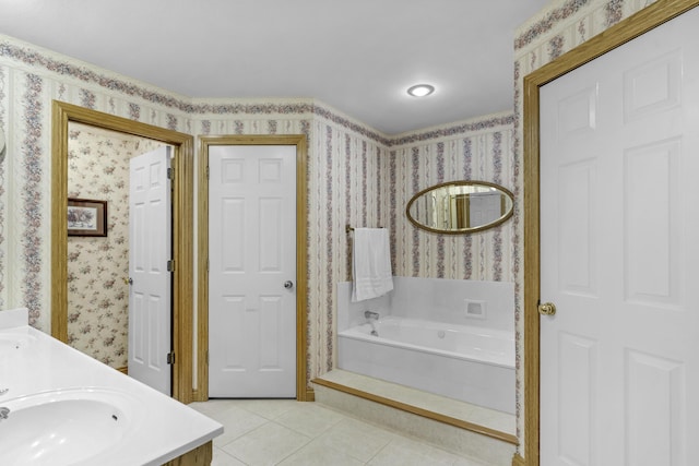 3416 S Barnes Ave, Springfield, MO 65804 - full bath with wallpapered walls, tile patterned flooring, double vanity, and a bath