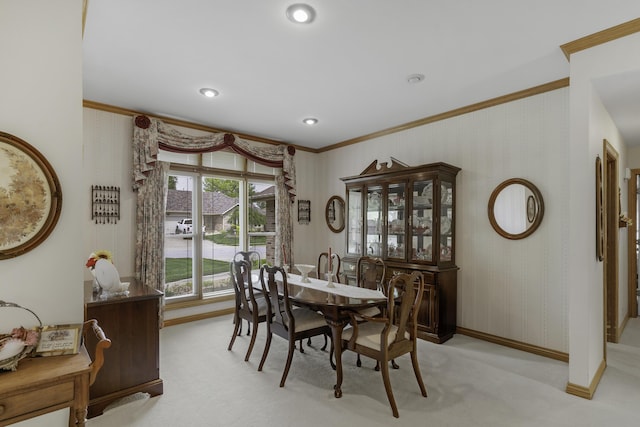 3416 S Barnes Ave, Springfield, MO 65804 - dining space with ornamental molding, light carpet, recessed lighting, and wallpapered walls