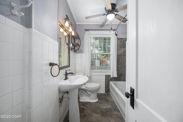802 Hampton Pl, Joplin, MO 64801 - full bath featuring tile walls, crown molding, a ceiling fan, shower / bath combination with curtain, and stone finish floors