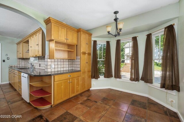 802 Hampton Pl, Joplin, MO 64801 - kitchen with open shelves, tasteful backsplash, a chandelier, and white dishwasher