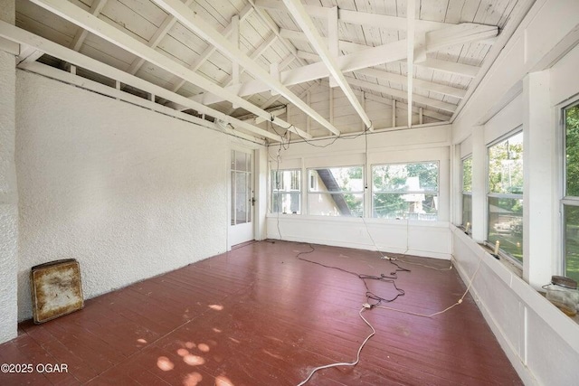 802 Hampton Pl, Joplin, MO 64801 - unfurnished sunroom with a textured wall, a wooden ceiling with exposed beams, wood finished floors, and high vaulted ceiling