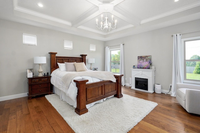 914 W Lorenza Dr, Nixa, MO 65714 - bedroom with a chandelier, wood finished floors, recessed lighting, beamed ceiling, and coffered ceiling