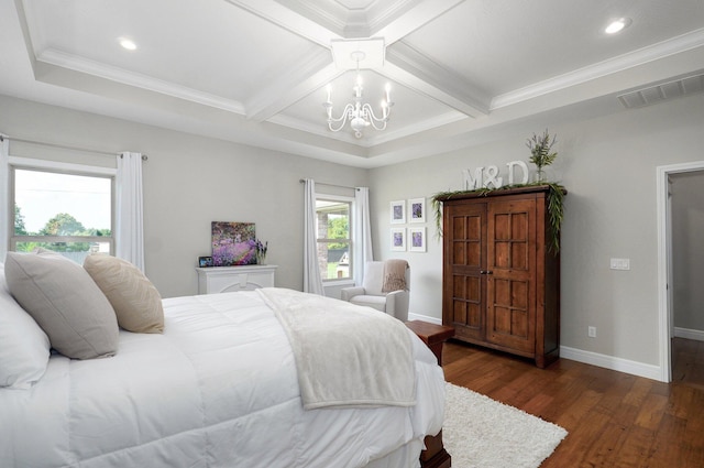 914 W Lorenza Dr, Nixa, MO 65714 - bedroom with a chandelier, wood finished floors, recessed lighting, coffered ceiling, and beam ceiling