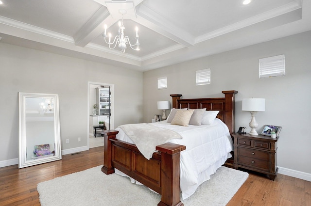 914 W Lorenza Dr, Nixa, MO 65714 - bedroom featuring a chandelier, wood-type flooring, crown molding, beam ceiling, and recessed lighting