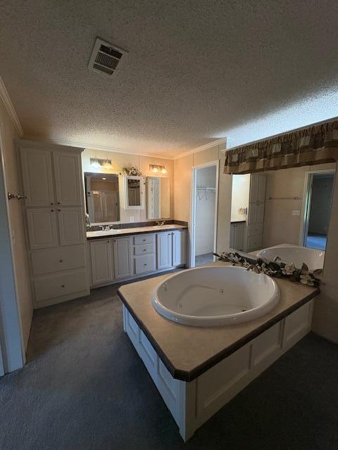 64 Inman Dr, Theodosia, MO 65761 - full bath with a jetted tub, crown molding, a textured ceiling, and vanity