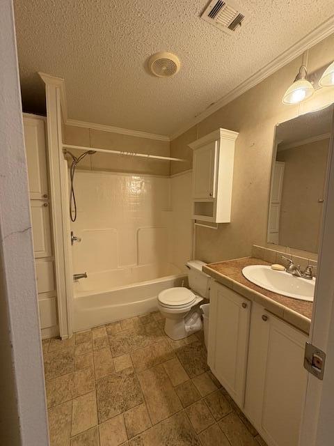 64 Inman Dr, Theodosia, MO 65761 - bathroom with ornamental molding, a textured ceiling, vanity, and shower / washtub combination