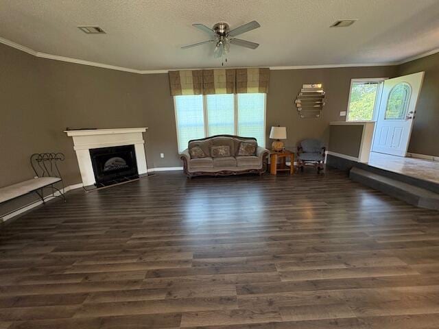 64 Inman Dr, Theodosia, MO 65761 - living room with ornamental molding, ceiling fan, wood finished floors, a textured ceiling, and a fireplace