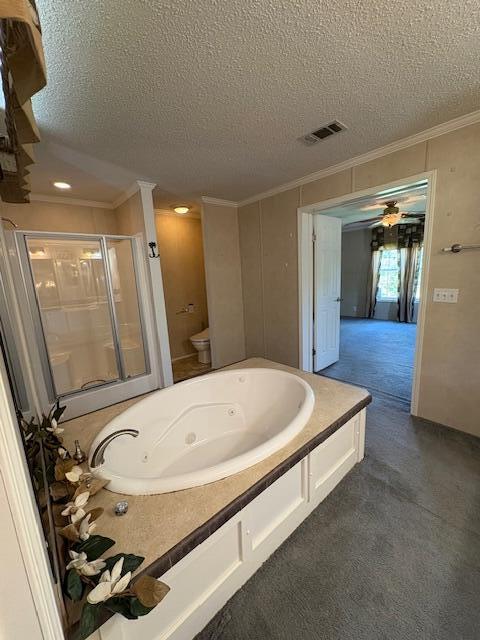 64 Inman Dr, Theodosia, MO 65761 - full bathroom featuring crown molding, a stall shower, a textured ceiling, a tub with jets, and a ceiling fan