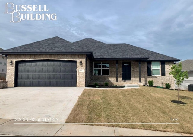 822 S Ridgemont Dr Lot 143, Nixa, MO 65714 - ranch-style home with brick siding, an attached garage, driveway, a front lawn, and roof with shingles