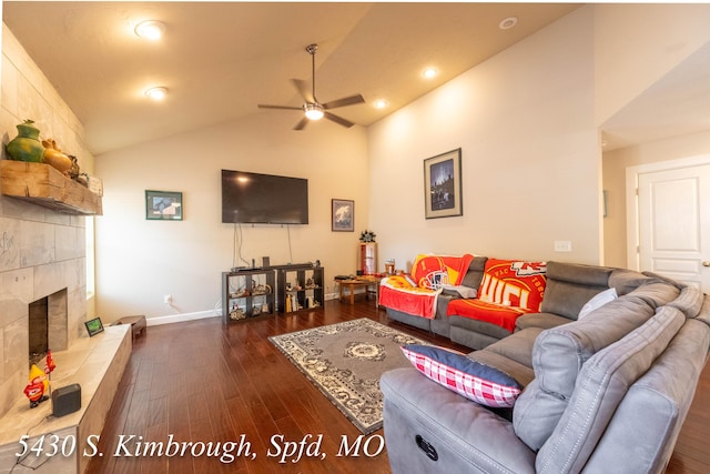 5430 S Kimbrough Ave, Springfield, MO 65810 - living area featuring ceiling fan, dark wood-style flooring, a tile fireplace, lofted ceiling, and recessed lighting