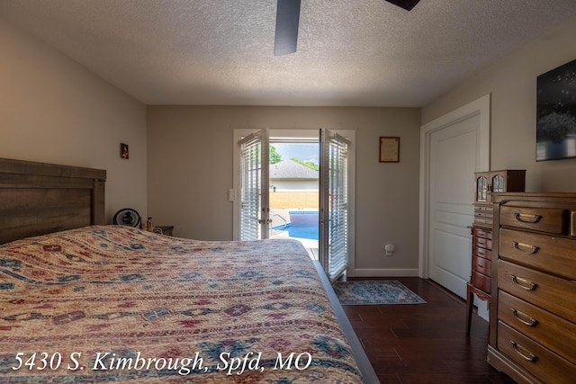 5430 S Kimbrough Ave, Springfield, MO 65810 - bedroom with access to outside, dark wood-style floors, a textured ceiling, and a ceiling fan