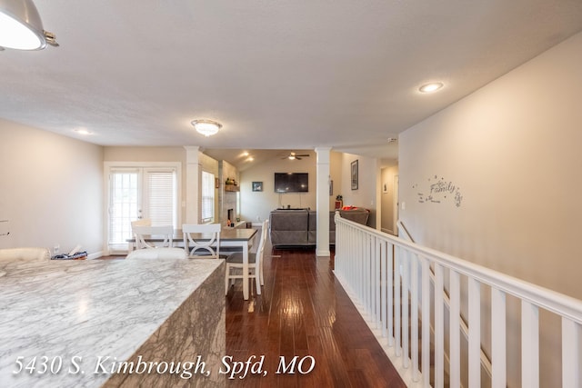 5430 S Kimbrough Ave, Springfield, MO 65810 - kitchen with ornate columns, dark wood-type flooring, open floor plan, and recessed lighting