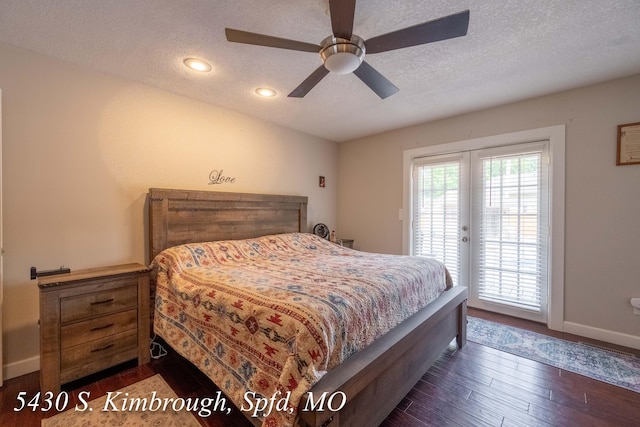 5430 S Kimbrough Ave, Springfield, MO 65810 - bedroom with access to exterior, a textured ceiling, dark wood-style flooring, recessed lighting, and ceiling fan
