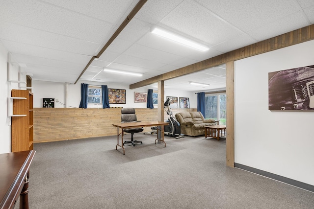 6585 N Farm Rd 61, Walnut Grove, MO 65770 - office area featuring carpet floors, a paneled ceiling, and wooden walls