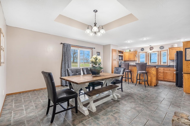 6585 N Farm Rd 61, Walnut Grove, MO 65770 - dining space featuring a chandelier, stone finish flooring, and a tray ceiling