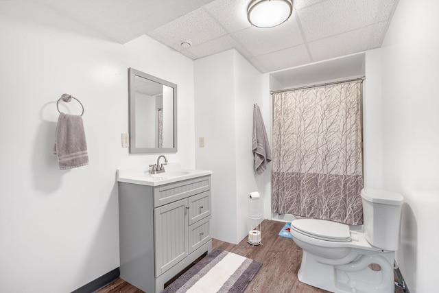 6585 N Farm Rd 61, Walnut Grove, MO 65770 - bathroom featuring vanity, a paneled ceiling, wood finished floors, and a shower with shower curtain