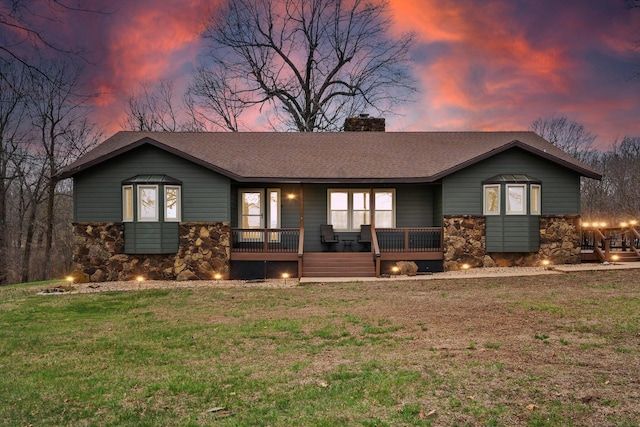 6585 N Farm Rd 61, Walnut Grove, MO 65770 - ranch-style home featuring roof with shingles, stone siding, a chimney, and a front lawn