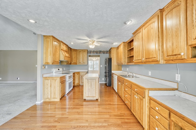 784 S 17th St, Ozark, MO 65721 - kitchen featuring white appliances, premium range hood, light countertops, open shelves, and a textured ceiling