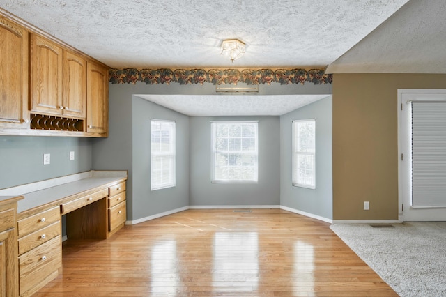 784 S 17th St, Ozark, MO 65721 - kitchen with a textured ceiling, built in study area, light wood-style floors, and light countertops