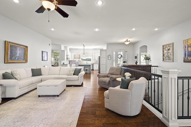 2741 Summit Dr, Joplin, MO 64804 - living area with a ceiling fan, recessed lighting, dark wood-style flooring, and healthy amount of natural light