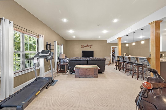 2741 Summit Dr, Joplin, MO 64804 - workout room featuring ornate columns, carpet floors, a dry bar, and recessed lighting